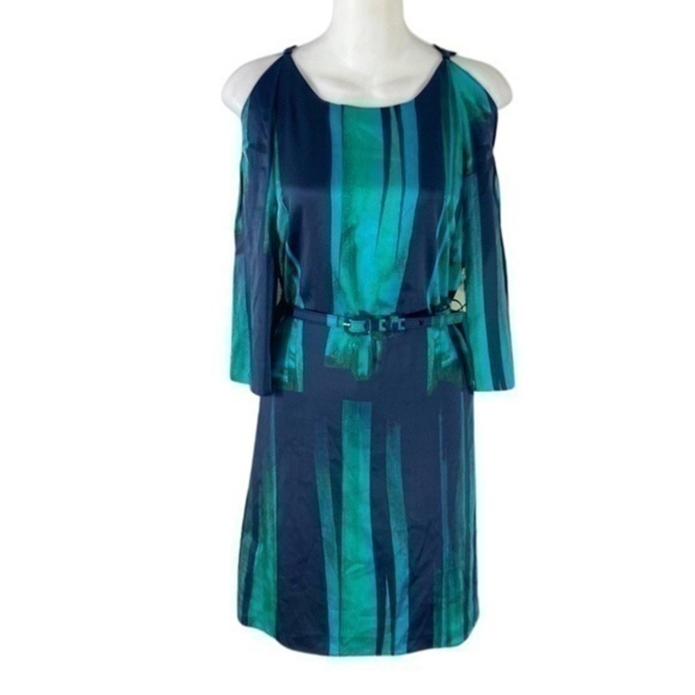 NWT Milly of New York green blue silk split sleeve belted dress 4 NN14